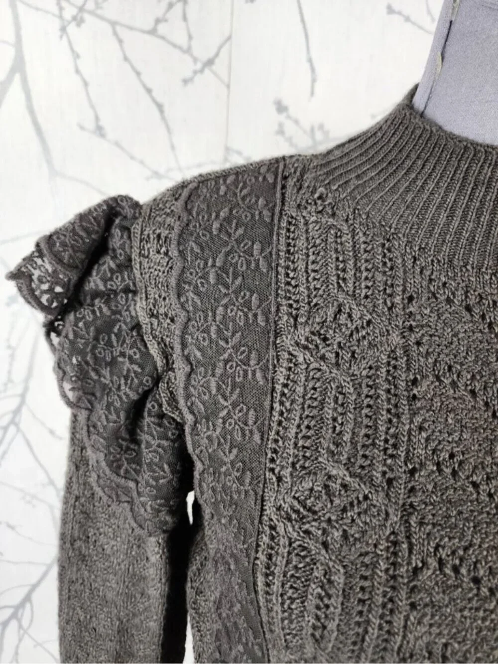 Zara Gray Lace Ruffle Trim Mockneck Cropped Sweater